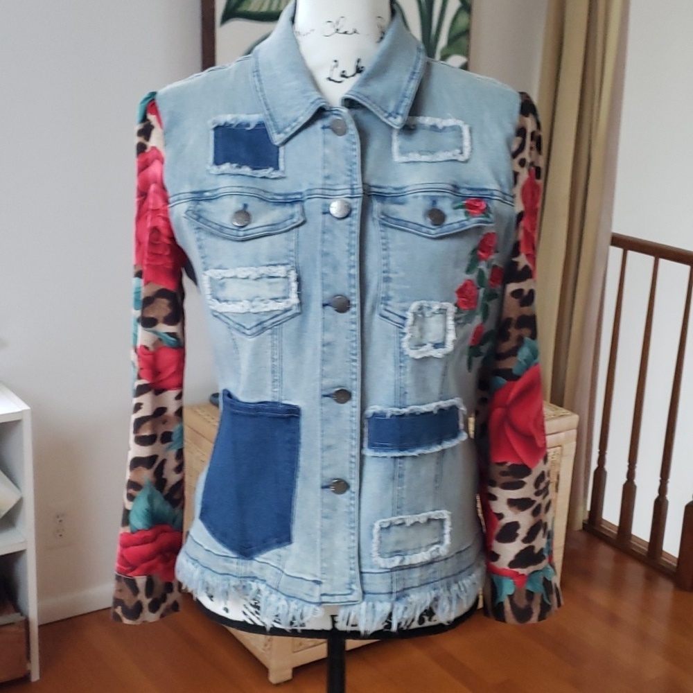 Talk of the Walk Leopard Rose Print Rose Embroidery Denim Patchwork Jean Jacket